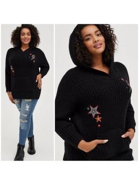 Torrid Embroidered Star And Thunderbolt Raglan Knit Hooded Sweater